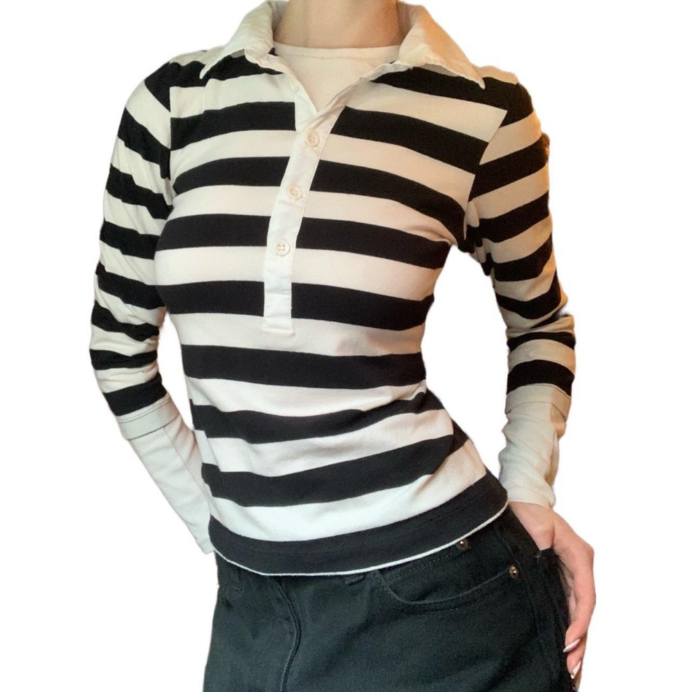 Y2K One Step Up Black and White Striped Collared Top